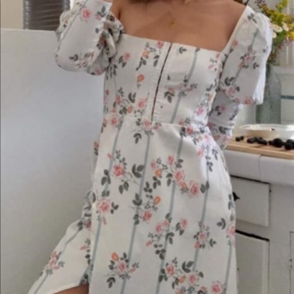 For Love & Lemons x Free People XS 0/2 Ivory Pink Floral Stripe Puff Sleeve Midi - Picture 3 of 15